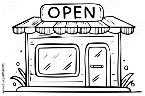 Drawing of a shop front with window door and open sign on the roof, isolated illustration