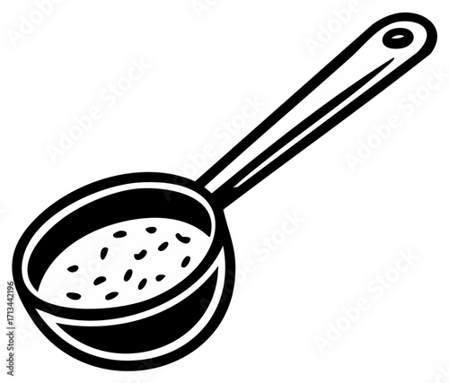 Black outline illustration of a serving spoon, filled with small seeds, grains or beans, a cooking tool, simple and minimal, food and beverage concept