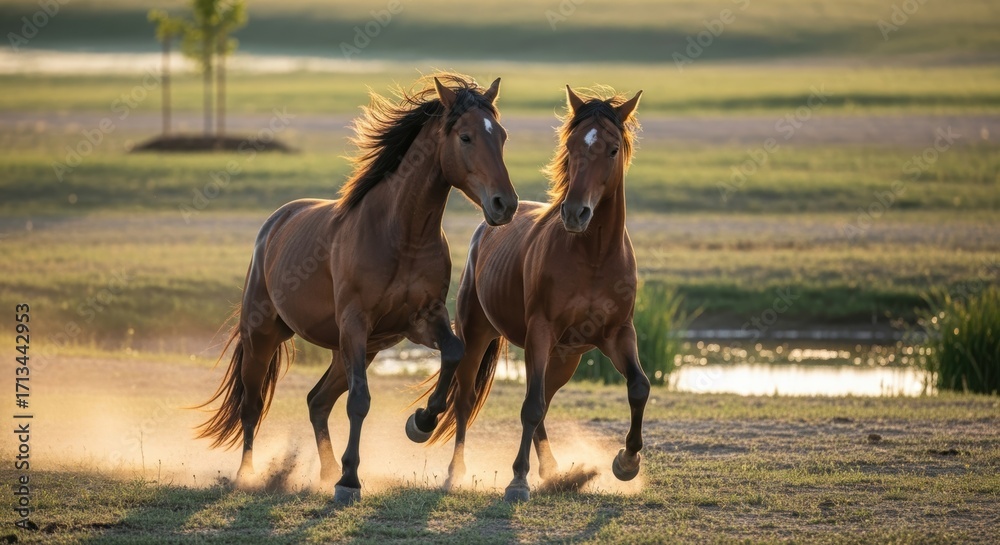 Fototapeta premium Two Brown Horses Running Freely in Grassy Field at Sunset