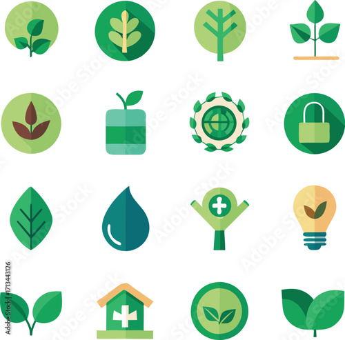 Set of diverse environmental and nature icons for green initiatives and sustainable living concepts with eco-friendly design elements