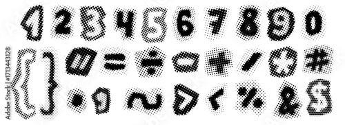 Black halftone numbers and symbols. Retro pixelated punctuation marks and characters. Comic pop art style bundle. Grunge rasterized dotted pack. Aged bitmap newspapers typography set. Vector