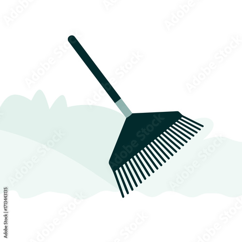 Black leaf rake with metal handle on white background