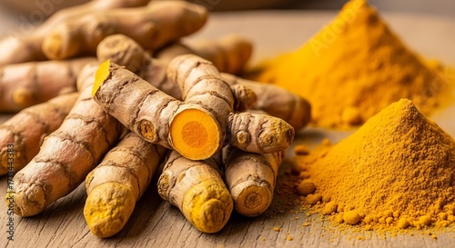 Turmeric Root and Powder on Wooden Surface.