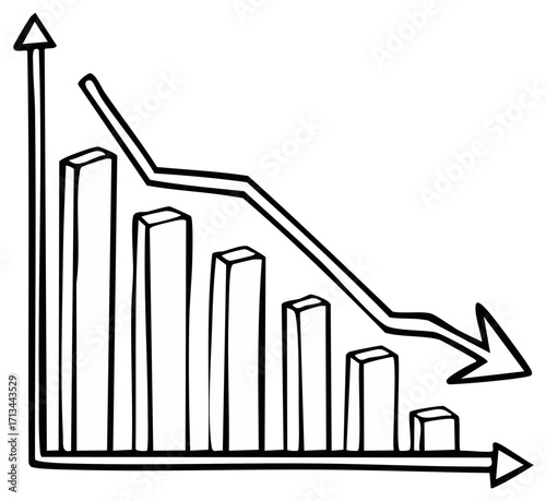 Hand drawn business bar chart with decreasing values and downward trend line indicating loss