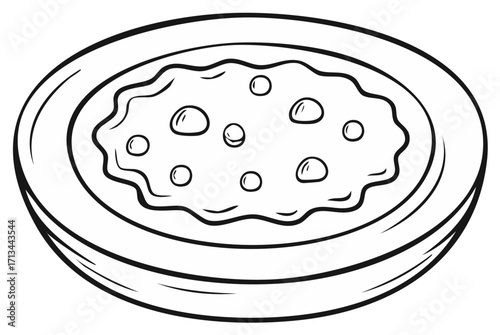 Simple line art illustration of a bowl of warm food with round ingredients