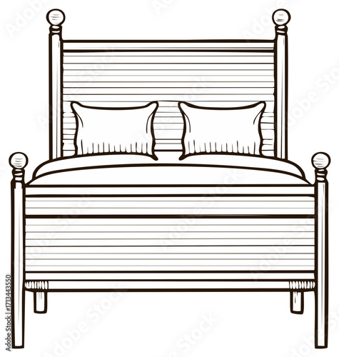 Hand drawn line art of a traditional wooden style bed with headboard and footboard and pillows