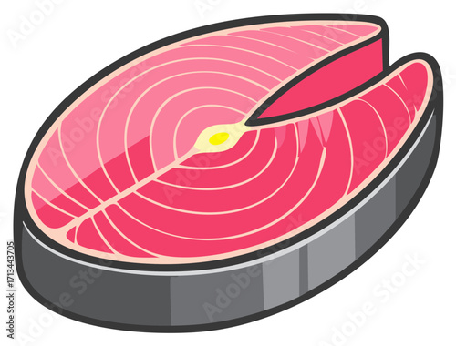 Cartoon illustration of a tuna fish steak, showing cut and internal structure