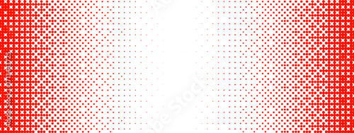 Red bitmap gradient texture. Fade pixelated 8 bit gradation pattern. Repeating dotted dither halftone background. Red vanishing comic pop art overlay backdrop. Red raster video game wallpaper. Vector