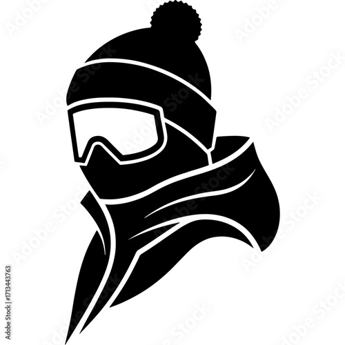 Portrait of professional skier in protective glasses ski masks. Engraving minimalistic vector in black ink drawing on transparent background