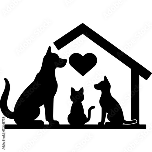 Pets under the roof of an animal shelter. Engraving minimalistic vector in black ink drawing on transparent background