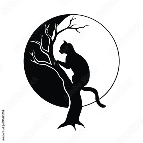 Cat silhouette on a tree within a yin yang circle animal