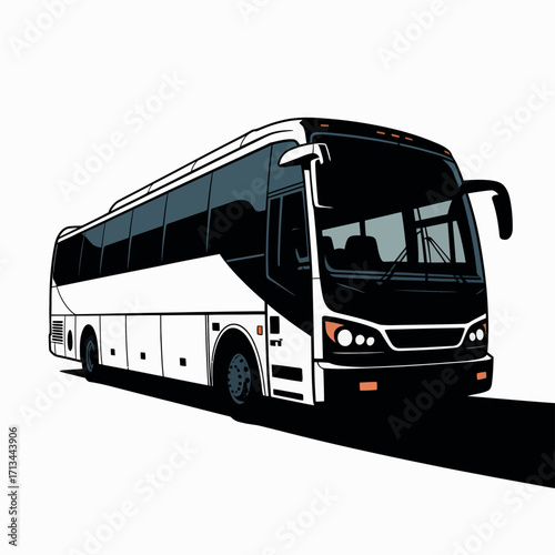 Modern white tour bus with black accents on white background