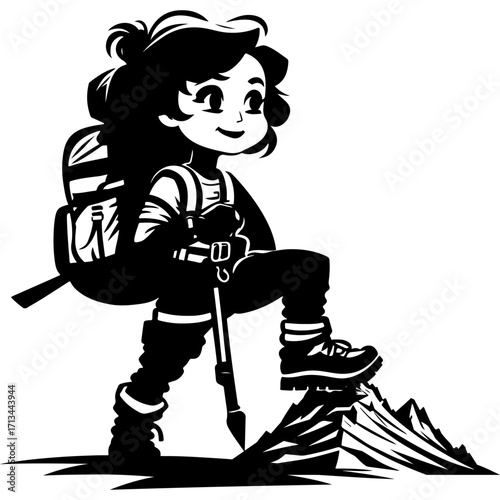 Sketchy sport emblem of cheerful and confident female climber looks ahead at a mountain route in monochrome. Engraving minimalistic vector in black ink drawing on transparent background