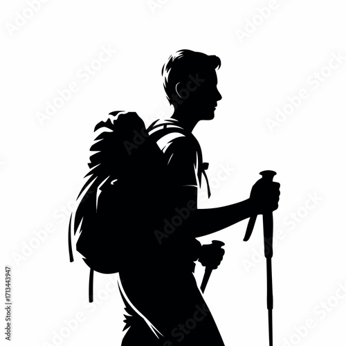 Silhouette of a hiker with a backpack and trekking poles against a white background