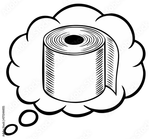 Detailed black and white engraving style illustration of toilet paper roll in a thought bubble