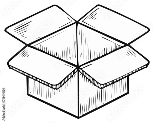 Open Unpacked Cardboard Box Illustration, Delivery, Postal, Shipping Container, Storage, Packaging, Outline Box Sketch, Hand Drawn Style