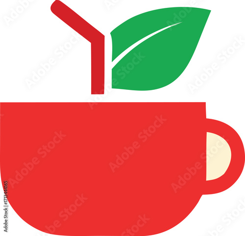Simple red cup with green leaf and red straw icon representing healthy beverage refreshment and natural drink options