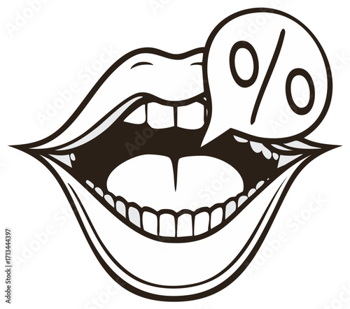 Open Mouth with Speech Bubble Showing Percentage Sign for Discount or Promotion Offer
