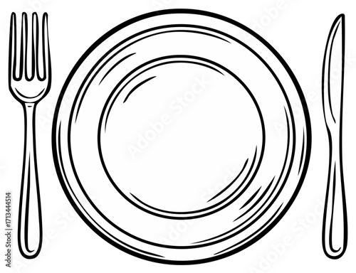 Line art illustration of a dinner plate with a fork and knife for a meal setting