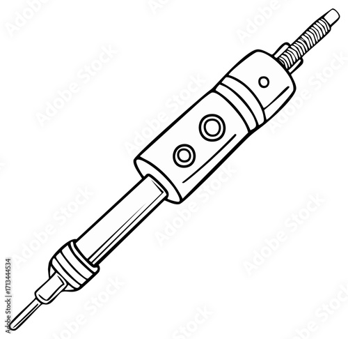 Black and white line art illustration of a professional soldering iron tool for electronics repair