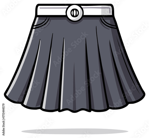 Stylized Dark Grey Pleated Skirt with White Belt and Buckle Cartoon Vector Illustration