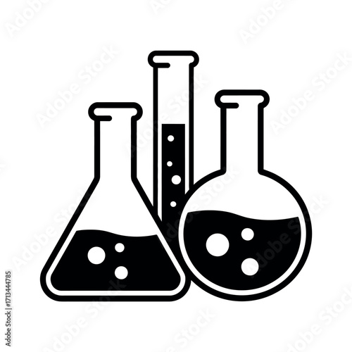 Simple black and white icon of three laboratory glassware items