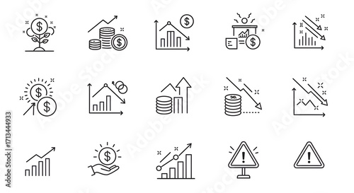 Set of outline finance and investment icons symbolizing business downturns and upturns