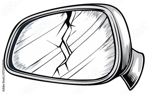 Automobile side mirror with a shattered glass surface in a graphic style
