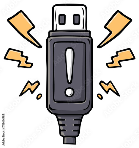 Hand Drawn Style USB Device Showing Error with Warning Sign and Lightning Bolt Symbols Power Surge Danger