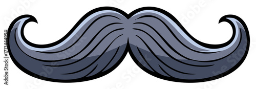 Cartoon Stylized Gray Mustache with Upward Curls and Thick Black Outline Against a White Backdrop