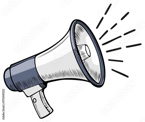 Illustration of a speaking megaphone projecting sound waves with a hand-held grip and a grey and white color scheme