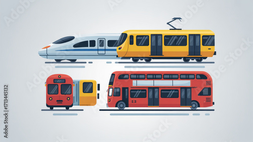 Transportation vector illustration showcasing train, tram, subway, and double decker bus for urban transit use