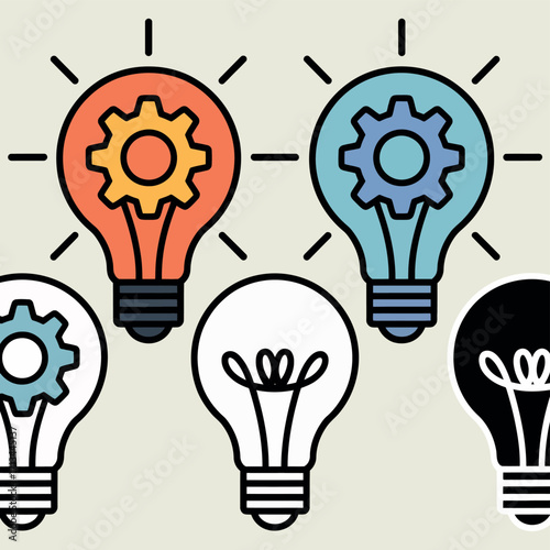 Creative light bulbs with gears symbolizing innovation and ideas