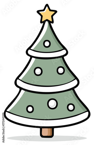 Simple Cartoon Christmas Tree with Yellow Star and White Ornaments, Festive Holiday Decoration Illustration