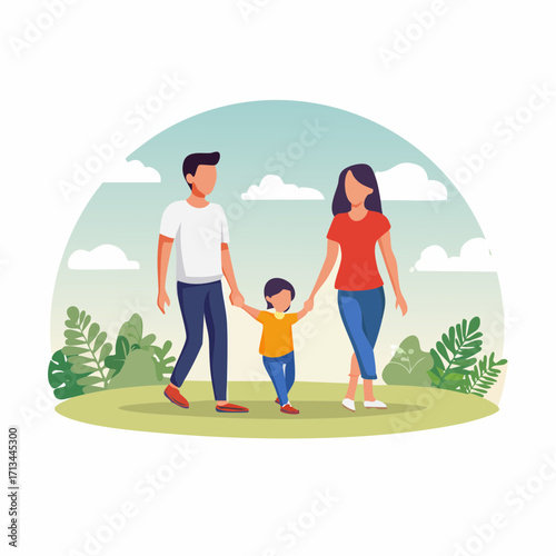 A heartwarming minimalist vector illustration depicting a happy small family with two adults and one young child enjoying a leisurely walk outdoors together, symbolizing love and togetherness