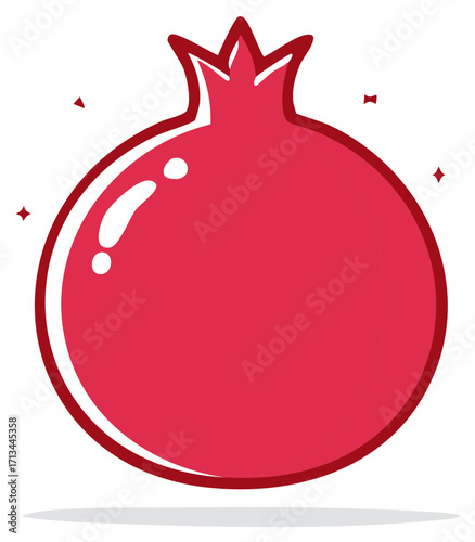 Stylized Cartoon Pomegranate Illustration, Red Fruit Graphic, Round Shape with Leaves and Shadow