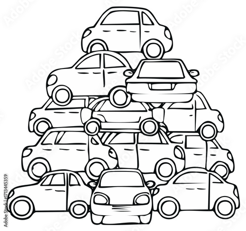 Cartoon Style Monochrome Outline Drawing of Many Cars Stacked High in a Pyramid Shape