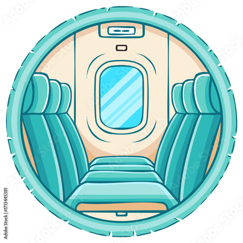 Cartoon airplane interior with window and seats in blue circular frame for creative design layouts
