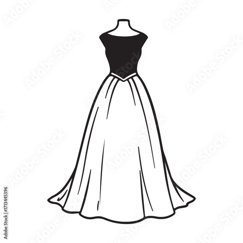 Elegant Black and White Wedding Dress Illustration on Mannequin for Bridal Designs and Fashion Templates Perfect for Designers