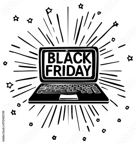Black Friday online shopping sale event doodle illustration with laptop and bursting star elements