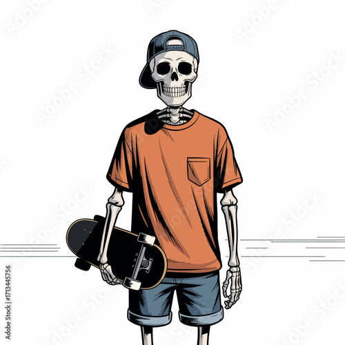 Skeleton wearing a baseball cap and t shirt holding a skateboard