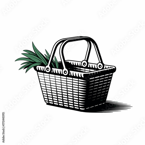 Woven picnic basket with green vegetables illustration