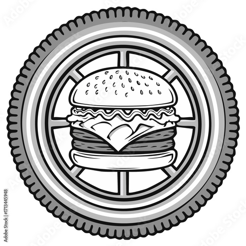 Burger Delivery Icon with Motorcycle Tire Food Transport Emblem Black and White Illustration