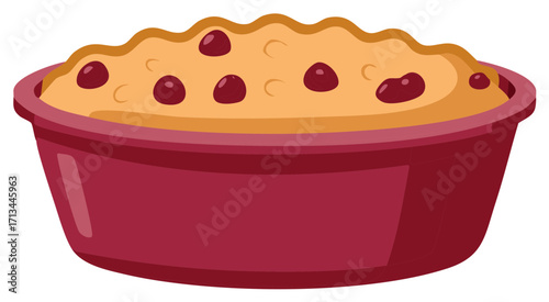 Sweet Cherry Cobbler Baked in Red Ceramic Dish Ready to Serve at Home Meal