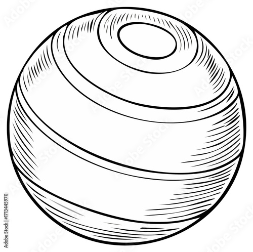 Hand-drawn sketch of a striped spherical object with hatching detail