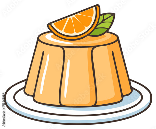 Orange dessert with orange slice and mint leaf on a plate