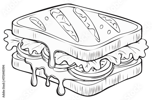 Outlined sandwich with grilled bread overflowing with lettuce tomato cheese and sauce