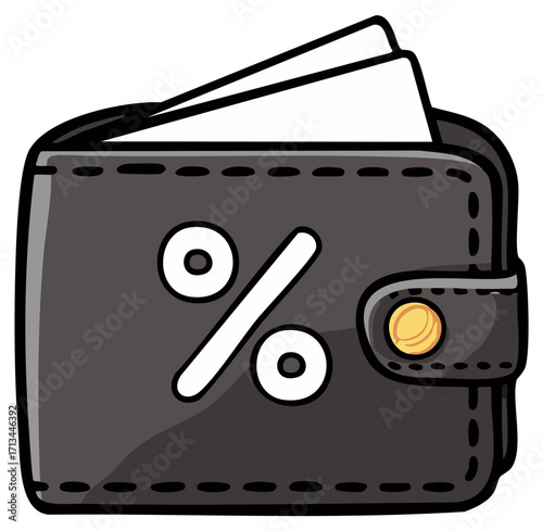 Cartoon wallet with percentage symbol representing cashback savings and discounts