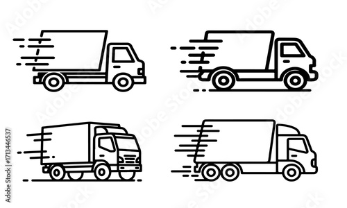 Express shipping and fast delivery service icons. Set of truck, lorry, and van vectors for logistics and e-commerce.