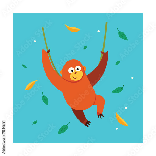 Cute orangutan swinging on vines with leaves primate